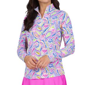 IBKUL Women's Long Sleeve 1/4-Zip Mock - Massie Print 8281520 - Small Hot Pink/Yellow