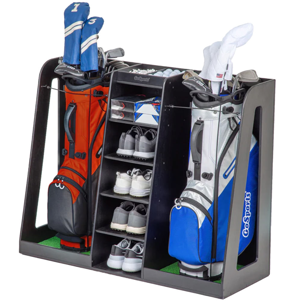 GoSports Premium Wooden Golf Bag Organizer and Storage Rack - Double 9220654- Black 17 L x 46 W 37 H inches