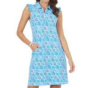 Ibkul Women's Terra Print Sleeveless Ruffle Dress 2167446- Medium Seafoam/Blue