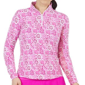 Ibkul Women's Terra Print Long Sleeve Mock Neck Top 2166869- Large Pink