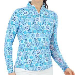 Ibkul Women's Terra Print Long Sleeve Mock Neck Top 2166873- Small Seafoam/Blue