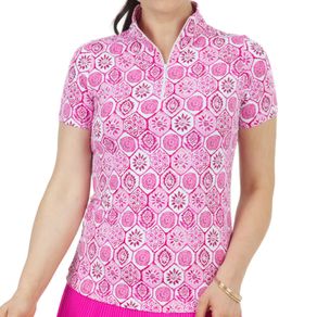 Ibkul Women's Terra Print Short Sleeve Mock Neck Top 2167119- Small Pink