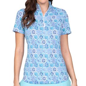 Ibkul Women's Terra Print Short Sleeve Mock Neck Top 2167124- X-Small Seafoam/Blue